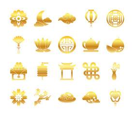 icon set of oriental flowers and mid autumn, gradient style
