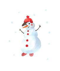 happy snowman with snowflakes, new year watercolor illustration, Christmas card. handmade work