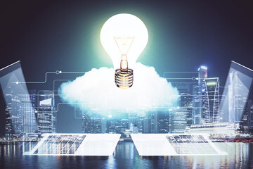 Multi exposure of bulb hologram drawing and cityscape background. Concept of idea.