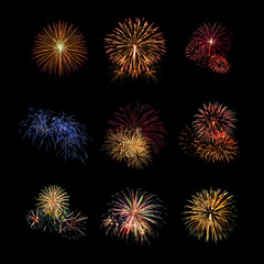 Color fireworks set light up on sky with dazzling display on black background. Event and...