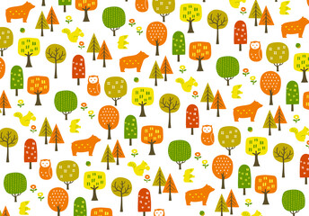 秋冬の森　紅葉と動物の柄模様の背景イラスト