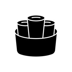 Silhouette of Thai Rolled Ice Cream. Outline icon of stir-fried ice cream. Black simple illustration of three dessert rolls in round basket. Flat isolated vector logo on white background