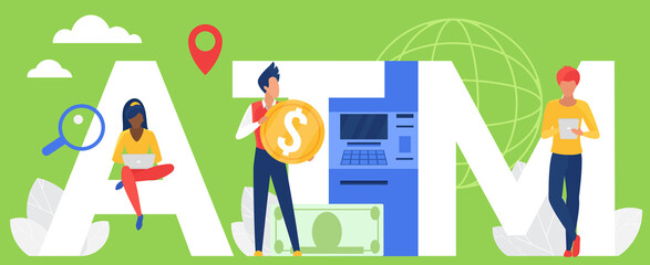 ATM word vector illustration. Cartoon flat people holding money cash gold coin, tablet and laptop for online payment bank service, standing next to big letters ATM and ATM machine concept background
