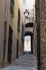 The beautiful medieval architecture and narrow streets of ancient town of Girona, Spain