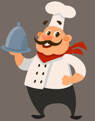 Chef holding delicious dish. Male character in cartoon style.