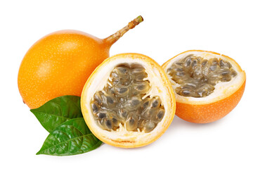 Granadilla or yellow passion fruit with green leaves isolated on white background. exotic fruit....