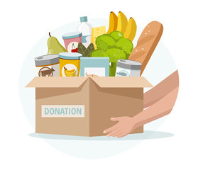 Food and grocery donation concept. Charity, food donation for needy and poor people.  - 377103993