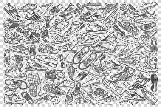 Sneakers doodle set. Collection of hand drawn sketches templates patterns of male female footwear trainers at shoes store on transparent background. Beauty and fashionable lifestyle illustration.
