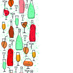 Seamless vertical border with cartoon bottles and glasses. Copy space. Your text here. 