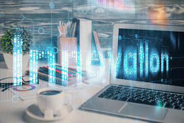 Multi exposure of desktop with computer on background and tech theme drawing. Concept of big data.