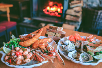 Hearty and delicious seafood platter next to Wood Burning Stove at Applecross Inn, Scottish...