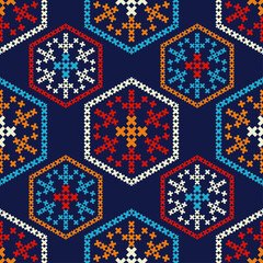 Knitted Christmas decorative snowflakes from crosses. Seamless background. Boho style. Vector illustration for web design or print.