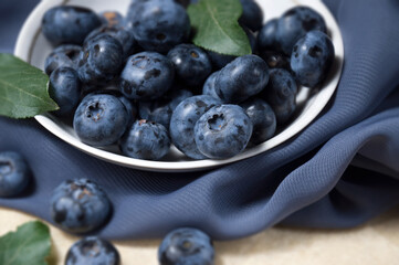 Freshly picked ripe blueberries in a white plate on a gray cloth. Selective focus. Harvest berries. Healthy eating.