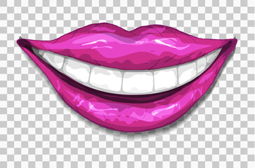 realistic, pink lips, a modern smile isolated on a transparent background. pink lips drawn by hand, in the style of doodles. vector illustration for printing, design, advertising, your ideas.