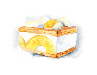 Sponge cake with white cream and pineapples. Hand drawn watercolor illustration isolated on white background