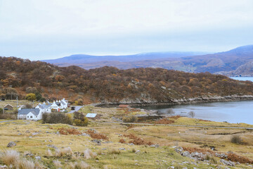 Fototapeta na wymiar Village by the sea, Kenmore, Loch Torridon, Scottish highlands