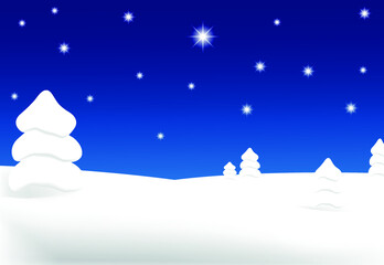 Fototapeta na wymiar Winter snowy landscape. Holy night in a secluded landscape covered with snow. Snow-covered trees with shining stars in the dark blue sky.