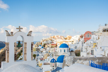 Blue dome church in Oia village, Santorini island, Greece.