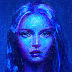 Digital paint. Conceptual abstract mystical picture of a beautiful face of a girl in blue tones.