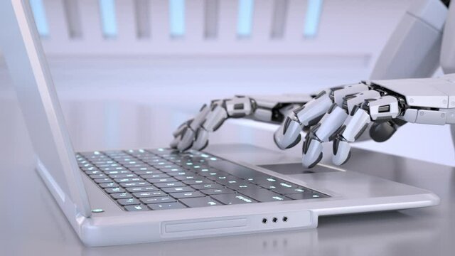 Robots hands typing on a laptop keyboard. 3D animation