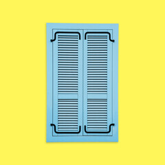 Fototapeta na wymiar Blue wooden window shutter. Yellow paint wall. Closed window isolated. European style architecture background.