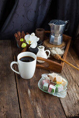 Turkish Delight - a gelatinous sweet confection traditionally made of syrup and cornflour, dusted with icing sugar. Still life food - oriental sweet rahat lokum . Candy marshmallow.