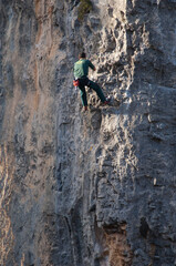Climber in the Natural Park of the Mountains and Canyons of Guara. Huesca. Aragon. Spain.