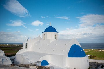Blue dome church in Santorini island, Greece.