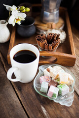 Turkish Delight - a gelatinous sweet confection traditionally made of syrup and cornflour, dusted with icing sugar. Still life food - oriental sweet rahat lokum . Candy marshmallow.
