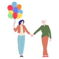 woman and man walking with balloons