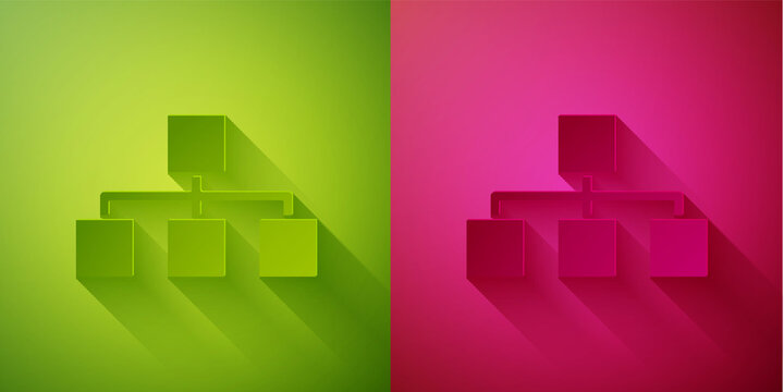 Paper cut Business hierarchy organogram chart infographics icon isolated on green and pink background. Corporate organizational structure graphic elements. Paper art style. Vector.