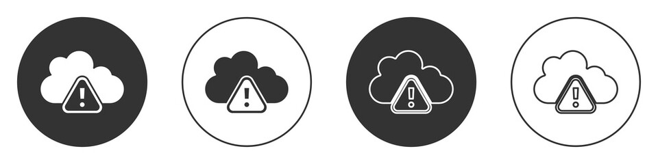 Black Storm warning icon isolated on white background. Exclamation mark in triangle symbol. Weather icon of storm. Circle button. Vector.