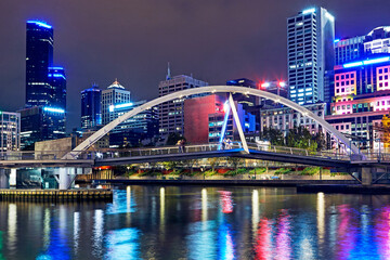 Fototapeta na wymiar Pedestrian footbridge spanning the River Yarra in Melbourne illuminated at night