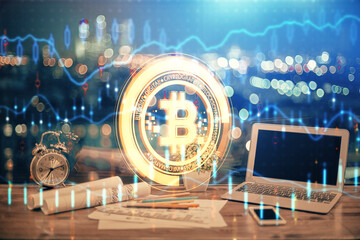 Double exposure of blockchain theme hologram and table with computer background. Concept of bitcoin...