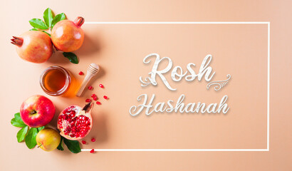 Rosh hashanah (Jewish New Year holiday), Concept of traditional or religion symbols on pastel orange paper background.