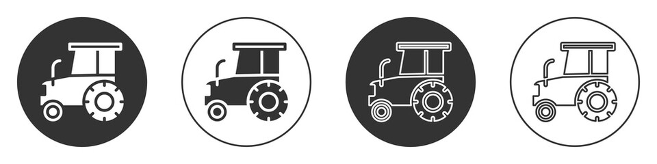 Black Tractor icon isolated on white background. Circle button. Vector.