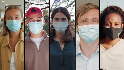 Collage group of people in masks, collage citizens Virus mask on street wearing face protection in prevention for coronavirus covid 19. public space on quarantine - Powered by Adobe