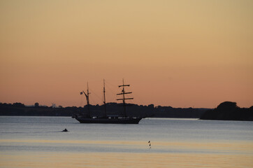 Old sail ship goes to port on a calm sea in evening light.