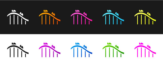 Set Roller coaster icon isolated on black and white background. Amusement park. Childrens entertainment playground, recreation park. Vector.