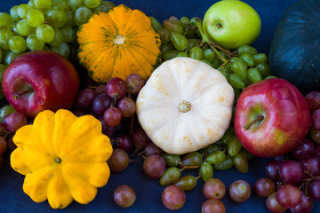 Autumn and fall harvest, pumpkin, apple, grape and pattison