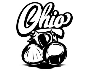 Ohio calligraphic inscription with chestnut. Black vector illustration