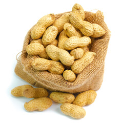 Top view of peanuts in a sack on a white background