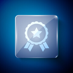 White Medal with star icon isolated on blue background. Winner achievement sign. Award medal. Square glass panels. Vector.