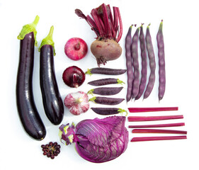 Purple vegetables in knolling style on a white background. Fashionable concept. Advertising,...