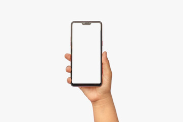 The hand is holding the white screen, the mobile phone is isolated on a white background with the clipping path.