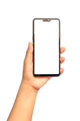 The hand is holding the white screen, the mobile phone is isolated on a white background with the clipping path.