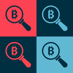 Pop art Magnifying glass with Bitcoin icon isolated on color background. Physical bit coin. Blockchain based secure crypto currency. Vector.