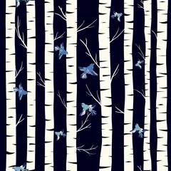 Fototapete Birken Birkenhain nahtloses Muster, Vektorhintergrund mit handgezeichneten Birken und fliegenden Vögeln