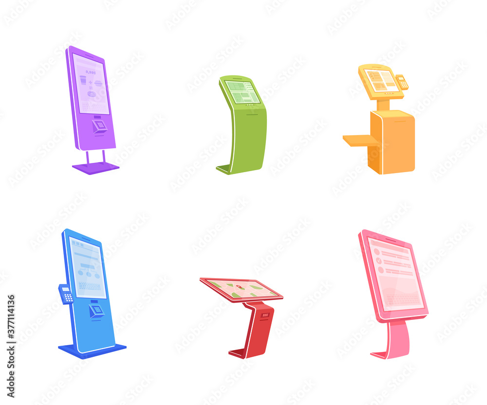 Fototapete Various terminals flat color vector object set. Digital automats with touch screens. Self serving kiosk isolated cartoon illustration for web graphic design and animation collection