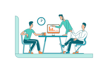 Brainstorming team flat color vector faceless characters. Colleagues on business meeting. Conference for project discussion. Startup isolated cartoon illustration for web graphic design and animation